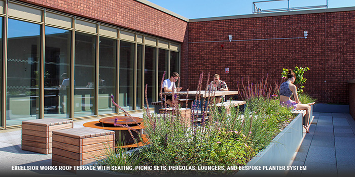 roof terrace furniture include, planter, seating, tables and loungers and pergolas at excelsior works in manchester