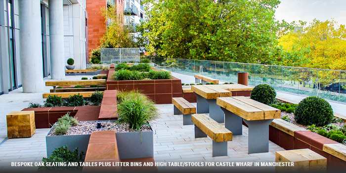 bespoke oak seating and tables at catle wharf residential garden