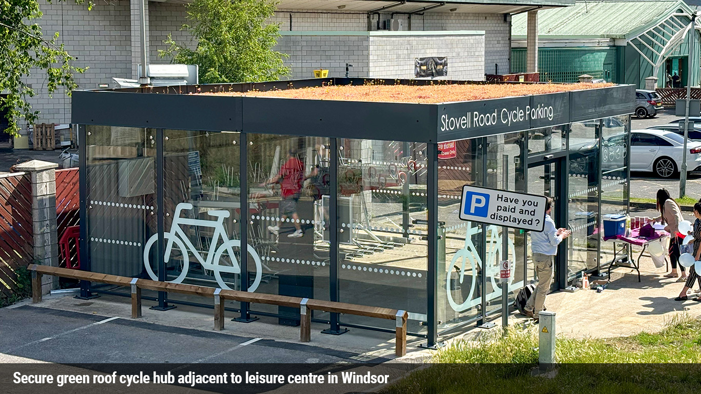 Secure green roof cycle hub adjacent to leisure centre in Windsor