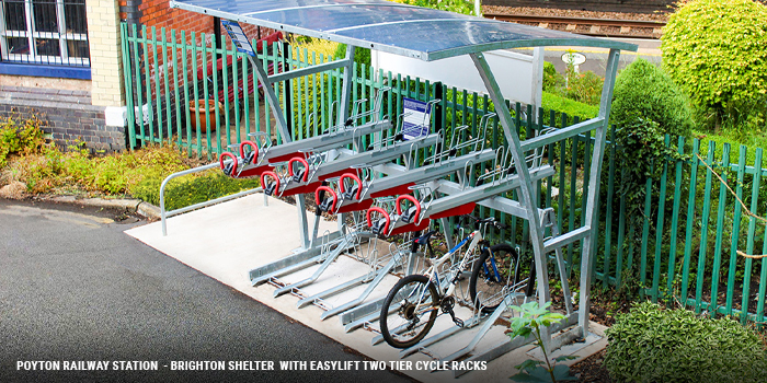 Poynton Railway Station - brighton shelter with easylift two tier cycle racks